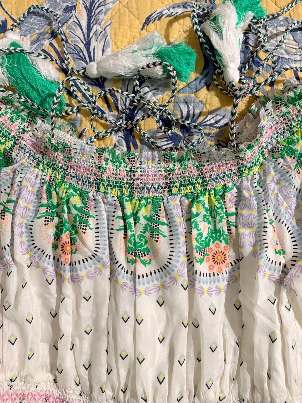 ALICE + OLIVIA Off-Shoulder Smocked Dress with Green Floral Print (Small petite) - Picture 13 of 16